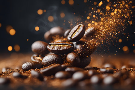 Roasted coffee beans burst with energy, surrounded by a dynamic cloud of aromatic coffee powder. the rich textures and warm hues create a lively, stimulating atmosphere, ideal for contemporary marketing or promotional designs. Generative AIの素材