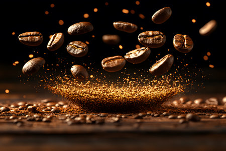 Vibrant coffee beans burst energetically above a pile of ground coffee. the rich, dark tones and dynamic movement create a sense of freshness and energy, ideal for cafe promotions or kitchen decor. Generative AIの素材