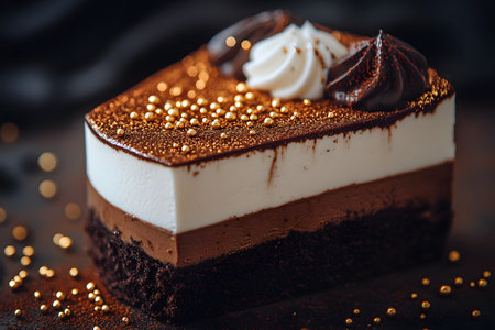 A luxurious slice of chocolate mousse cake features layered chocolate and cream, topped with swirls of whipped cream and golden sprinkles, creating an indulgent treat perfect for celebrations or dessert menus. Generative AIの素材