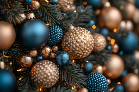 Blue and gold christmas ornaments adorn a lush green tree, creating a sophisticated holiday atmosphere. the combination of shimmering baubles and twinkling lights adds warmth and elegance, ideal for festive decor inspiration. Generative AIの素材