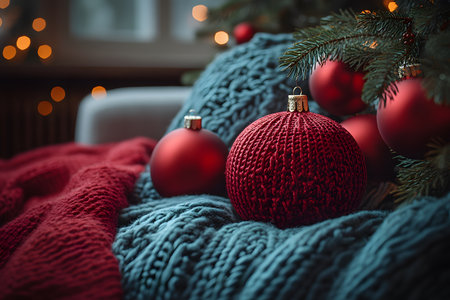 A warm holiday scene featuring red christmas ornaments nestled on intricate knitted blankets. soft lighting and evergreen branches in the background create a magical, festive atmosphere perfect for seasonal inspiration. Generative AIの素材