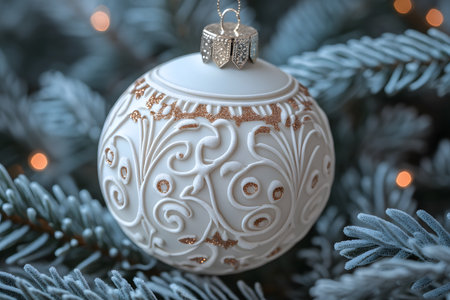 A beautifully designed white christmas ornament featuring elegant golden patterns hangs delicately on a frosted evergreen branch. soft, warm lights twinkle in the background, adding a festive holiday atmosphere. Generative AIの素材