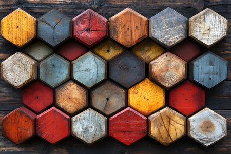Artistic arrangement of wooden hexagonal tiles featuring a variety of vibrant colors and textures on a dark wooden background. ideal for enhancing interior spaces with a touch of rustic elegance and geometric style. Generative AIの素材