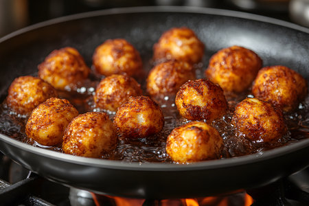Golden-brown potato balls sizzling in a frying pan, showcasing a deliciously crispy exterior. ideal for appetizers or snacks, these seasoned treats add a savory touch to any meal. Generative AIの素材
