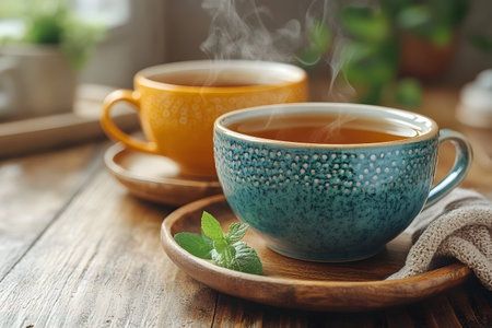 Steaming cups of tea sit on a rustic wooden table, creating a warm and inviting atmosphere. the cups, one turquoise and the other orange, rest on matching saucers, enhanced by a fresh mint garnish and cozy setting. Generative AIの素材