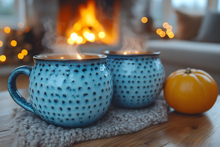 Two steaming drinks in blue ceramic mugs sit on a knitted mat in front of a glowing fireplace, creating a cozy winter ambiance. a small orange pumpkin adds a touch of autumn warmth to the inviting scene. Generative AIの素材