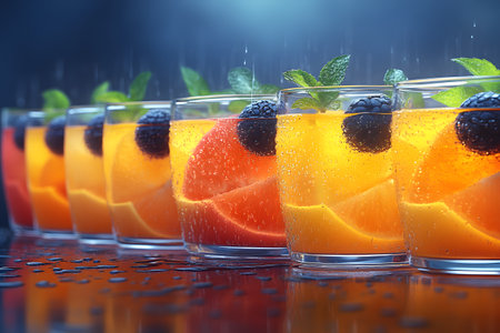 Colorful row of cocktails featuring citrus slices and garnished with blackberries. the refreshing drinks are beautifully arranged on a wet surface, with a soft focus background, capturing a sense of freshness and summer vibes. Generative AIの素材