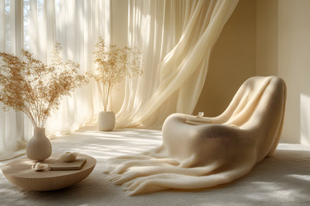 Warm and inviting minimalist reading nook featuring a plush chair draped in soft textiles. sunlight filters through sheer curtains, illuminating vases with dried flowers and a wooden table with a book and cup. Generative AIの素材