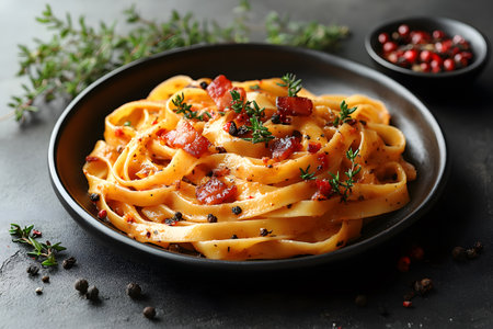 A mouthwatering italian pasta dish featuring fettuccine garnished with crispy bacon, fresh herbs, and a variety of spices. this savory meal showcases a rich aroma, perfectly served on a dark rustic plate, ideal for gourmet culinary presentations. Generative AIの素材