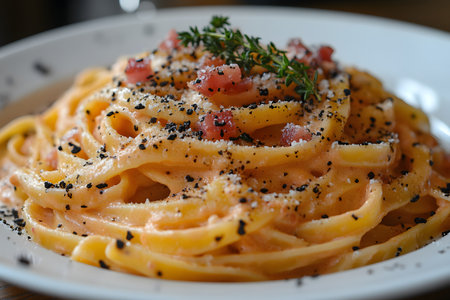 A close-up view of a plate of creamy pasta topped with crispy bacon pieces, sprinkled with grated cheese and black pepper, garnished with fresh herbs. ideal for showcasing a gourmet dining theme or italian cuisine. Generative AIの素材