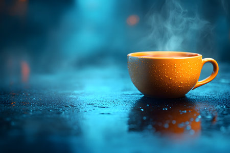Steaming orange cup on a dark, wet surface with ambient blue lighting, creating a cozy and serene atmosphere. the subtle steam rising and water droplets add to the warmth and tranquility of the scene. Generative AIの素材