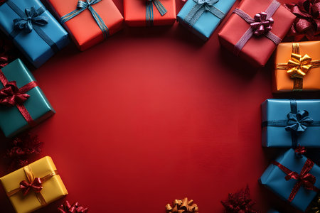 Colorful gift boxes with vibrant ribbons form a decorative border on a rich red background. perfect for holiday themes, celebratory designs, or marketing materials focused on festive occasions. Generative AIの素材