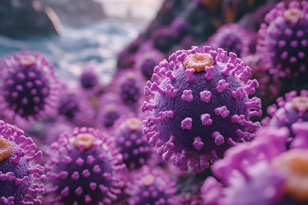 Close-up of vivid purple sea urchins nestled on a rocky shoreline with soft ocean waves in the background. the texture and color of the urchins create a striking contrast with the natural coastal setting. Generative AIの素材