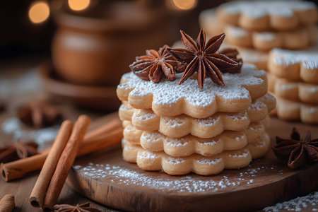 Festive holiday cookies adorned with powdered sugar and star anise, surrounded by cinnamon sticks on a rustic wooden surface. ideal for holiday baking themes, food photography, or festive greeting cards. Generative AIの素材