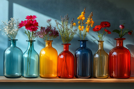 A stunning arrangement of assorted flowers in vibrant glass vases set against a sunlit backdrop. this composition showcases a blend of colors and natural textures, perfect for home decor ideas and creative design projects. Generative AIの素材