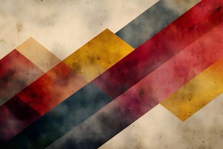 Geometric abstract art featuring overlapping angular shapes in vibrant red, yellow, and blue tones. the textured finish and muted background create a dynamic yet balanced composition, ideal for modern design projects. Generative AIの素材