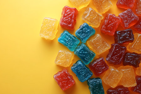Brightly colored jelly candies scattered on a vivid yellow surface showcase a playful and vibrant arrangement. the assortment features various shapes and hues, perfect for seasonal, festive, or confectionery-themed graphics. Generative AIの素材