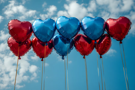 Heart-shaped red and blue balloons float in the sky, creating a vibrant contrast against a backdrop of scattered white clouds. the scene evokes feelings of celebration, love, and joy, perfect for holiday events or romantic themes. Generative AIの素材