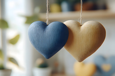 Wooden heart ornaments in blue and beige hang side by side, evoking feelings of love and warmth. perfect for romantic settings, these decorations add a rustic charm to weddings or cozy home interiors. Generative AIの素材