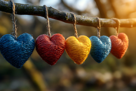 Vibrant heart-shaped ornaments in blue, red, yellow, and more dangle from a branch, set against a softly blurred forest backdrop. warm sunlight enhances the texture and colors, creating a serene and romantic atmosphere. Generative AIの素材