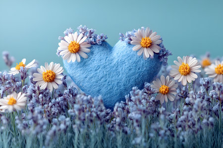 Heart-shaped soft fabric in blue, adorned with daisies and surrounded by delicate lavender flowers against a gentle blue background. ideal for spring-themed designs, romantic projects, or floral decor concepts. Generative AIの素材