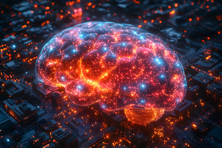 A digitally-rendered brain illuminated with vibrant neon lights, showcasing complex neural network patterns. set against a circuit board-inspired background, this depiction highlights concepts of artificial intelligence and technology. Generative AIの素材