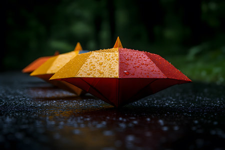 Vibrant orange and yellow paper umbrellas sit on a wet surface, adorned with raindrops. this visually striking composition interplay of color, texture, and geometry, ideal for creative projects and design inspiration. Generative AIの素材