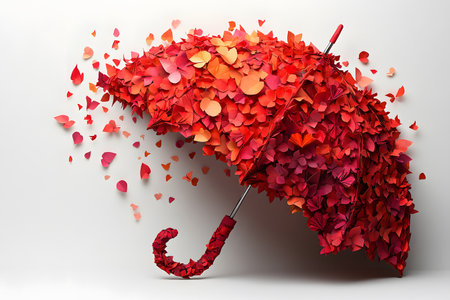 A visually striking red umbrella adorned with cascading paper petals symbolizes change and renewal. perfect for conceptual design projects, enhancing themes of spring, transformation, and artistic creativity. Generative AIの素材