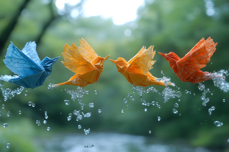 Vibrant origami birds in blue, orange, and red hover above a serene natural background with water droplets mid-air, symbolizing the harmony of creativity, tranquility, and intricate craftsmanship. Generative AIの素材