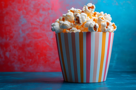 Popcorn fills a striped bucket set against a striking red and blue backdrop. this vivid composition is perfect for themes of movie night, snacks, or entertainment, adding a pop of color and excitement. Generative AIの素材