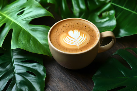 A beautifully crafted cup of coffee sits elegantly on a dark wooden surface, encircled by lush, vibrant green leaves. the intricate latte art on the coffee adds a touch of sophistication, contrasting with the natural greenery, creating a serene setting. Generative AIの素材