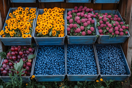 Bright assortment of marigold flowers, blueberries, red berries, and plums organized in rustic blue wooden crates. the colorful arrangement showcases nature's bounty and a rustic market atmosphere. ideal for garden and harvest themes. Generative AIの素材