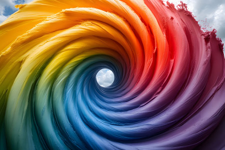 Dynamic abstract art featuring a vibrant, swirling gradient of rainbow colors. perfect for use in modern design projects, prints, and posters. highlights bold movement and creativity with intricate color transitions. Generative AIの素材