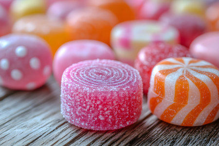 A vibrant assortment of colorful candies displayed on a rustic wooden surface, featuring various textures and patterns. the candies sugary coating and bright colors make them appealing for confectionery designs or sweet-themed occasions. Generative AIの素材