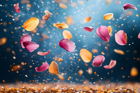 Delicate pink and orange flower petals gracefully drift through the air, contrasting against a deep blue background. the dynamic, swirling arrangement creates a sense of movement and serenity, ideal for artistic projects. Generative AIの素材
