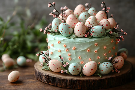 A beautifully decorated cake adorned with speckled pastel eggs and delicate cherry blossoms, captured on a rustic wooden board. perfect for easter or spring-themed events, offering a charming and festive display. Generative AIの素材