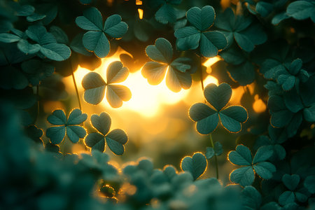 Lush clover leaves illuminated by a warm, glowing sunset create a tranquil and inspiring natural scene. ideal for nature-themed designs, this image embodies peacefulness and the beauty of the changing light. Generative AIの素材