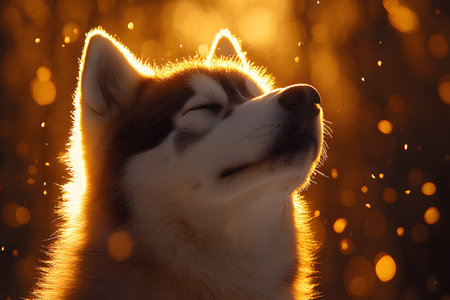 A serene husky basks in the warm glow of a golden sunset, surrounded by gently falling autumn leaves. the light creates a soft, dreamy effect, the dog's peaceful expression and the season's rich colors. Generative AIの素材
