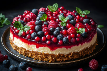A delectable cheesecake topped with a vibrant assortment of fresh berries, including raspberries, blueberries, and red currants. the rich, creamy layer sits on a crunchy crust, garnished with mint leaves, all presented on a dark, elegant background. Generative AIの素材