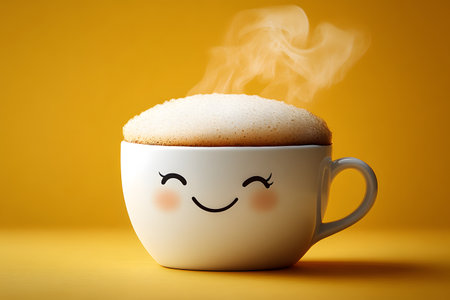 A whimsical coffee cup with a smiling face sits on a vibrant yellow background. the cup is filled with frothy, steaming hot coffee, creating a playful and inviting atmosphere. ideal for concepts related to warmth, morning routines, or cheerful kitchen decor. Generative AIの素材
