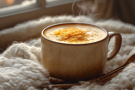 A steaming mug of spiced coffee sits atop a plush wool blanket, evoking the cozy warmth of an autumn morning. the soft, natural lighting through the window enhances the inviting atmosphere. Generative AIの素材