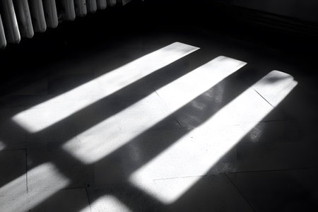 Dramatic light and shadow create abstract patterns on a tiled floor, contrast and geometry. perfect for creative backgrounds in design projects or exploring natural light effects. Generative AIの素材