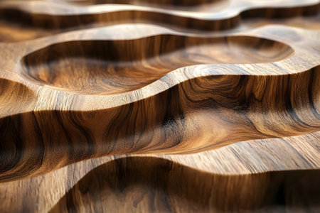 Wavy, sculpted wooden surface showcasing intricate grain patterns and rich textures. highlights natural variations and movement, perfect for artistic backgrounds, design projects, and architectural inspiration. Generative AIの素材