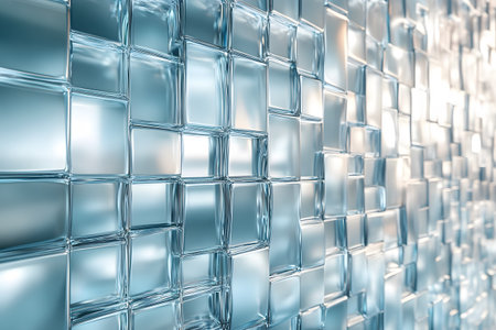 A visually striking composition featuring a wall of transparent glass blocks. the reflective surface and geometric pattern create a sense of depth and modernity, perfect for contemporary architectural studies or interior design inspiration. Generative AIの素材