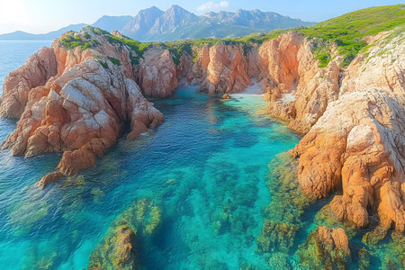 Dramatic coastal landscape featuring vibrant turquoise waters and rugged cliffs. rich in detail, the scene highlights the contrast between the crystal-clear sea and the rocky shoreline, with distant mountain vistas. Generative AIの素材