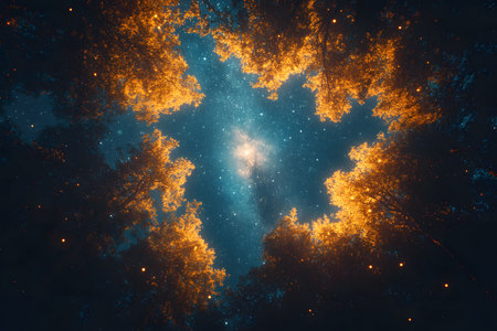 A mesmerizing view of a starry night sky framed by the silhouettes of autumn trees. the golden leaves contrast sharply against the deep blue, creating a magical, dreamlike atmosphere reminiscent of a natural cathedral. Generative AIの素材