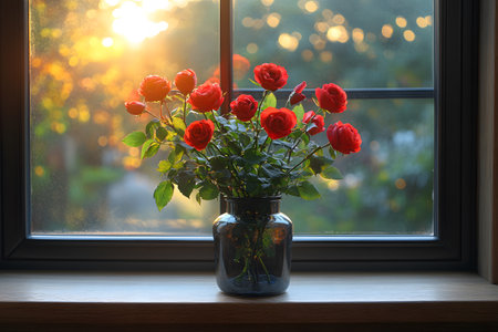 Vibrant red roses elegantly arranged in a glass vase adorn a windowsill, illuminated by the golden glow of a setting sun. the out-of-focus background suggests a serene garden, enhancing the romantic ambiance. Generative AIの素材