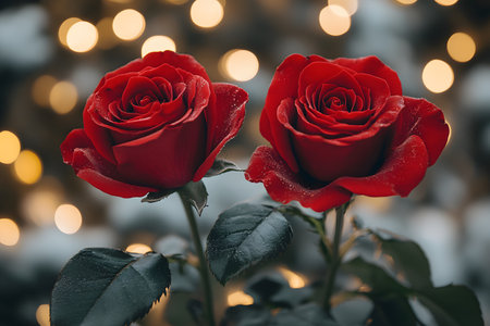 Two vibrant red roses in focus against a soft, glowing bokeh background, ideal for romantic themes or valentine's day designs. the elegant contrast between the roses and lights enhances the romantic atmosphere. Generative AIの素材