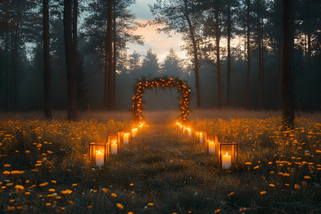 A serene forest pathway at dusk, lined with glowing lanterns and wildflowers, leads to an archway adorned with vibrant orange flowers. the tranquil setting is perfect for a magical event or a peaceful retreat. Generative AIの素材