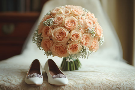 A beautifully arranged bridal bouquet of peach roses and baby's breath rests elegantly on a lace-covered chair, accompanied by a pair of ivory bridal shoes adorned with sparkling embellishments. perfect for wedding themes and bridal design inspiration. Generative AIの素材